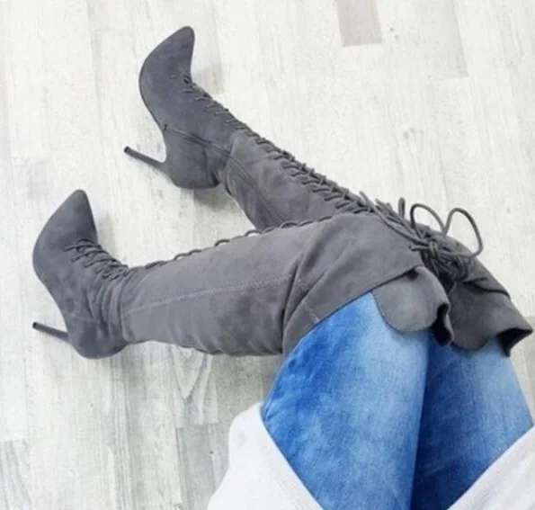

Drop Shipping Winter Fashion Woman Solid Burgundy Gray Black Khaki Pointed Toe Stiletto Heels Over The Knee Lace Up Thigh Boots