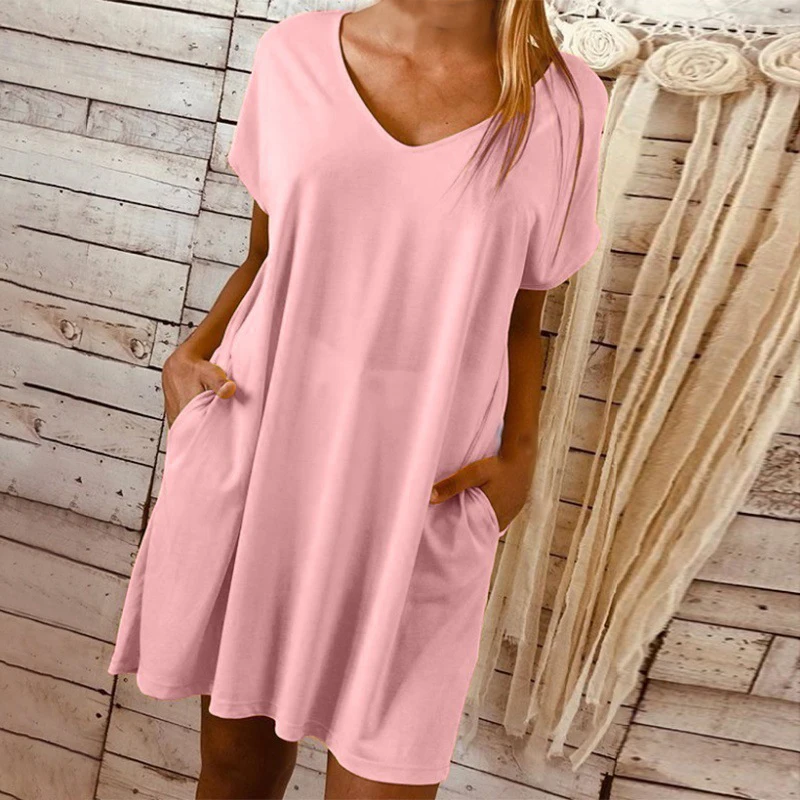 Women Ladies Summer Short Sleeve Mini Dress Fashion Solid Color Evening Party Night Dresses Wirh Pockets Plus Size 3XL
Women Ladies Summer Short Sleeve Mini Dress Fashion Solid Color Evening Party Night Dresses Wirh Pockets Plus Size 3XL