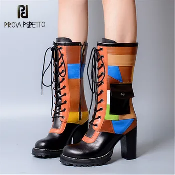 Prova Perfetto Patchwork Women Mid-calf Boots Fashion High Heel Boot Genuine Leather Lace Up Platform Rubber Botas Mujer
Prova Perfetto Patchwork Women Mid-calf Boots Fashion High Heel Boot Genuine Leather Lace Up Platform Rubber Botas Mujer