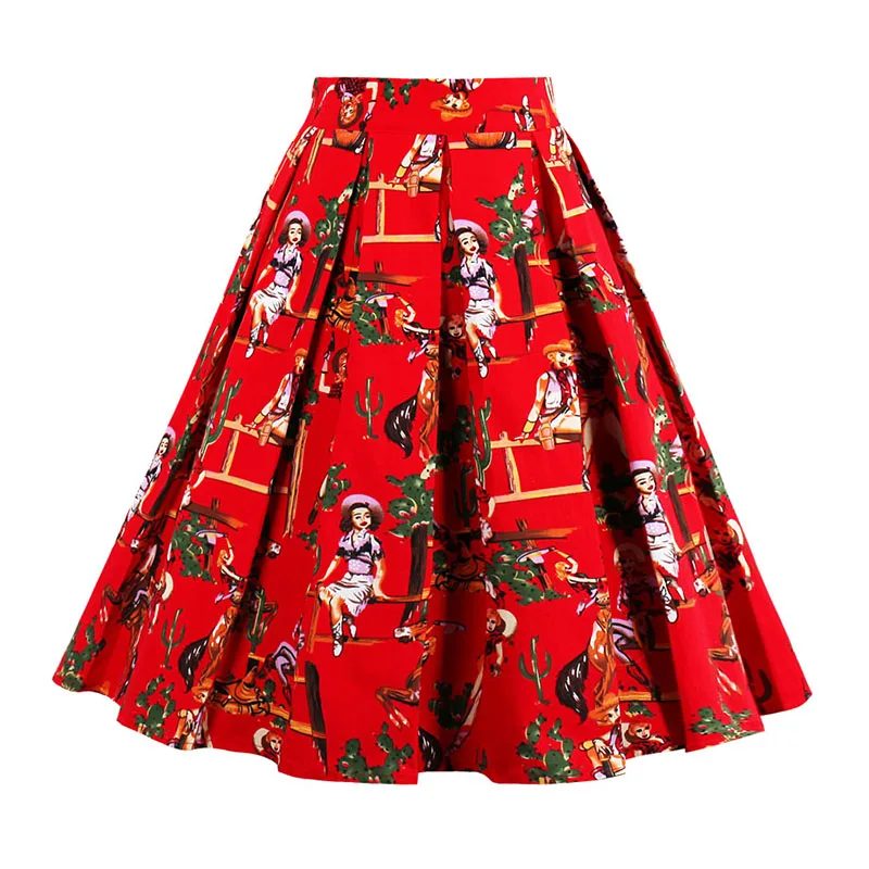 Kostlish Retro Print Flower Summer Skirts Womens 2017 High Waist Vintage Skirt Elegant A-Line Midi Women Skirt Plus Size XXL 22 (81)