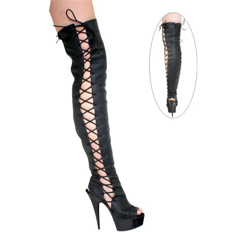 PU female boots in knee boots, upper and slender sexy high heels black tie, dancing shoes 15cm
PU female boots in knee boots, upper and slender sexy high heels black tie, dancing shoes 15cm