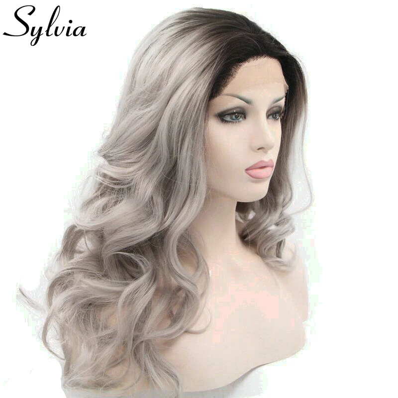 Sylvia silver grey body wave heat resistant fiber hair with dark roots natural synthetic lace front wigs for woman | Шиньоны и парики