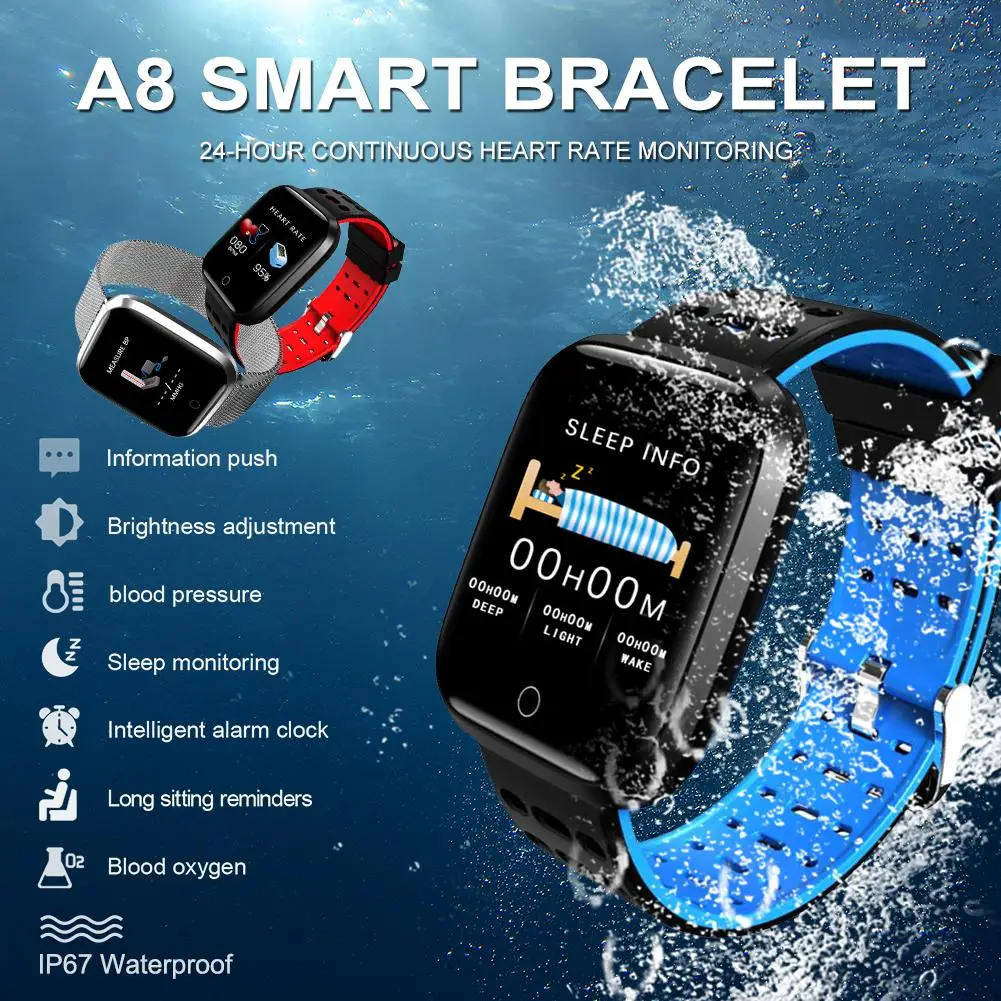 Smart Bracelet Fitness Tracker Heart Rate Blood Pressure Monitoring Color Screen Pedometer Multi Sports Mode A8 Smart Wristband
Smart Bracelet Fitness Tracker Heart Rate Blood Pressure Monitoring Color Screen Pedometer Multi Sports Mode A8 Smart Wristband
