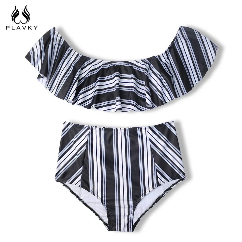 PLAVKY 2018 Sexy White Black Striped High Waist Biquini Ruffled Swim Bathing Suit Swimsuit Swimwear Women Off Shoulder Bikini 14