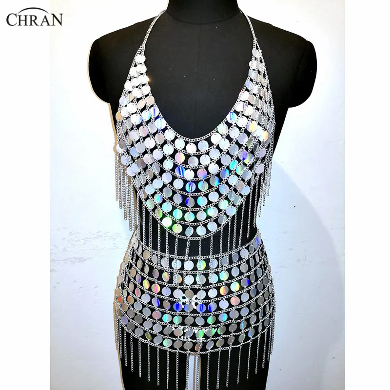 Chran Holographic Iridescent Sequin Chainmail Bralette Body Harness