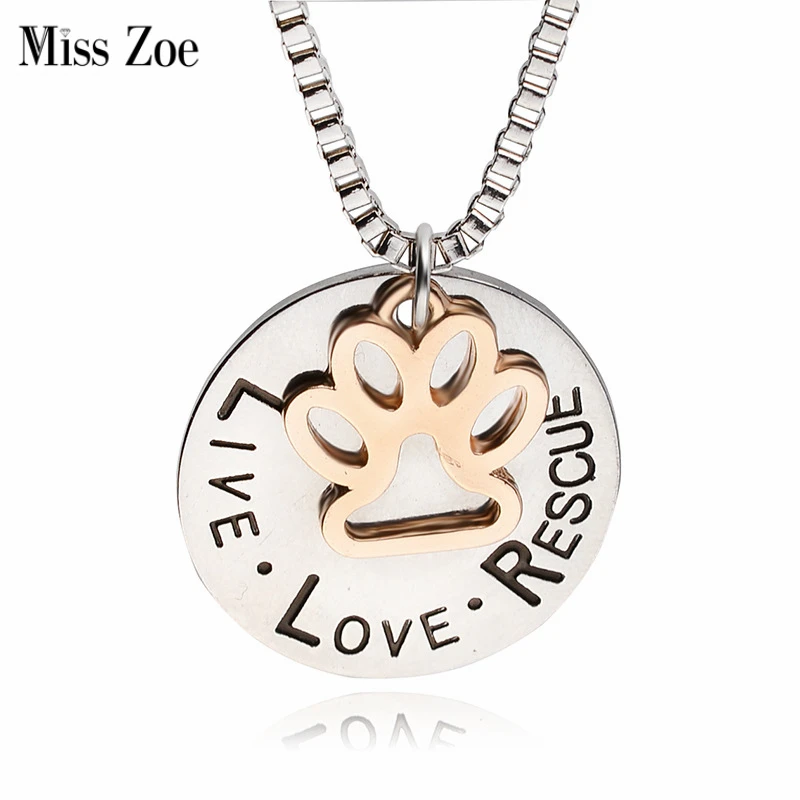 

Miss Zoe Lettering LIVE LOVE RESCUE Hollow Gold Paw Claw Pendant Necklace Angel Pet Simple Jewelry Special Gift Adopt Dog Lovers