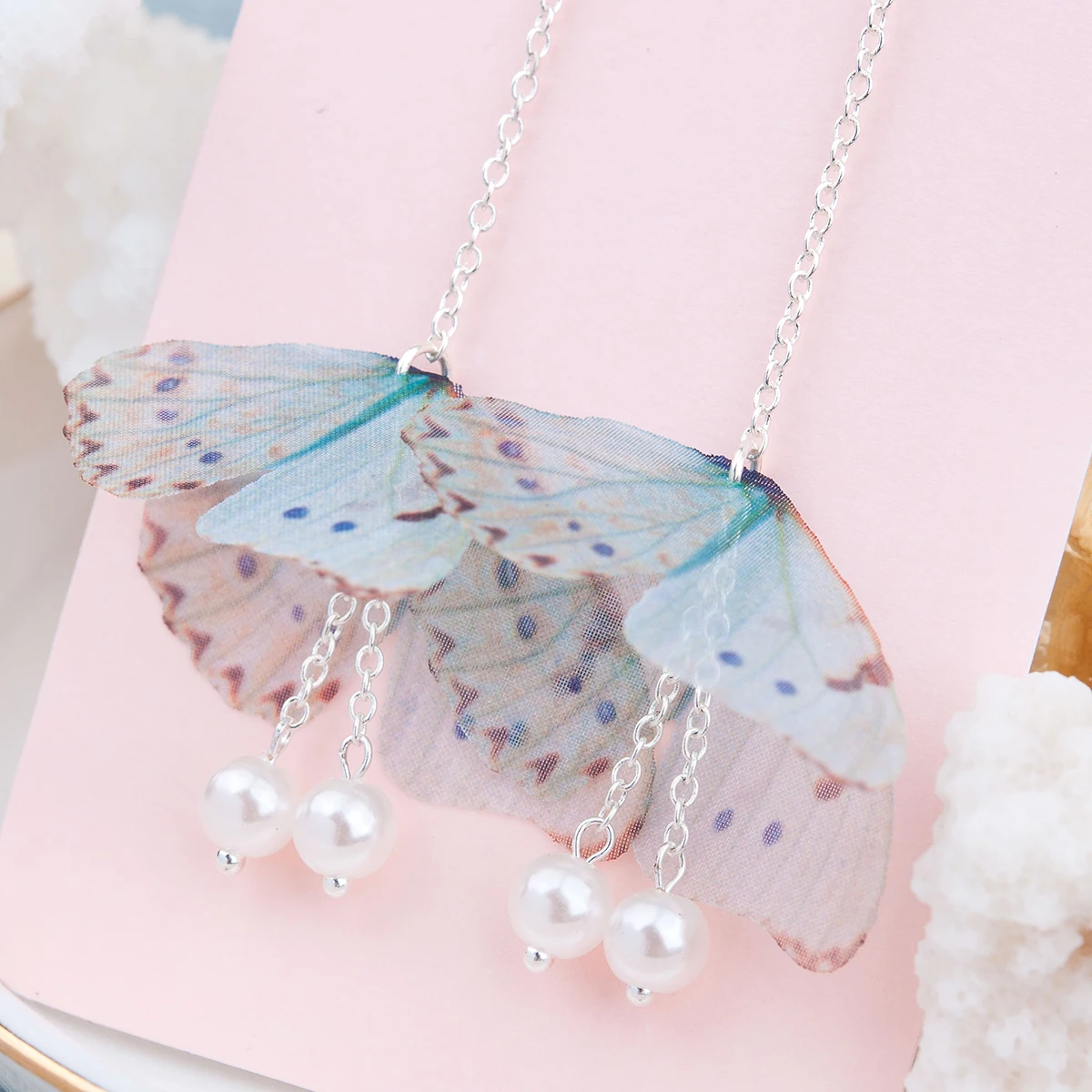 Doreen Box Organza Ethereal Butterfly Earrings Silver color Green Blue Created Pearl Fashion For Women 80mm long 1 Pair | Украшения и