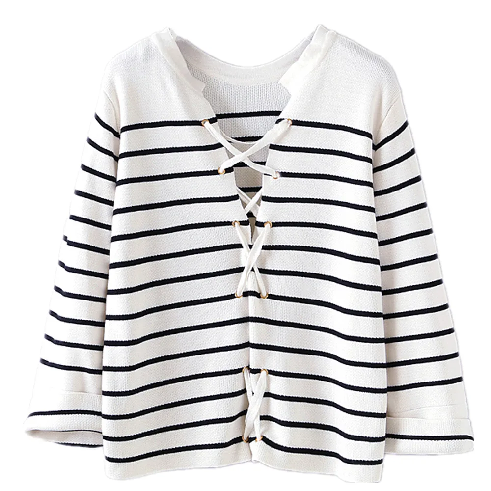 Autumn Winter Women Girls Autumn Winter European French Style Long Sleeve Sailor Lacing Striped Sweater Black and White H294 
Autumn Winter Women Girls Autumn Winter European French Style Long Sleeve Sailor Lacing Striped Sweater Black and White H294