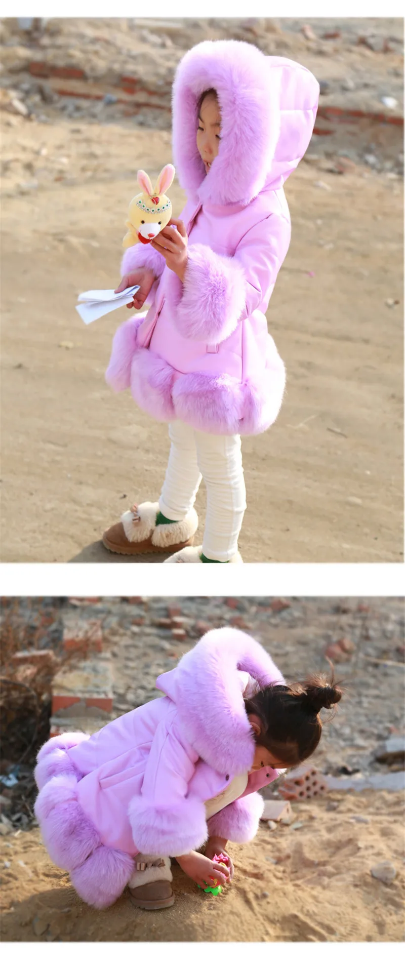 Solid Baby Girl Down Coat Cute Faux Fur Overcoat For 2 12yrs Girls