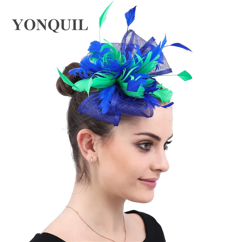 

Royal Blue And Green Sinamay Fascinator Women Millinery Headbands With Feather Cocktail Hat Wedding Headwear Hair Accessories