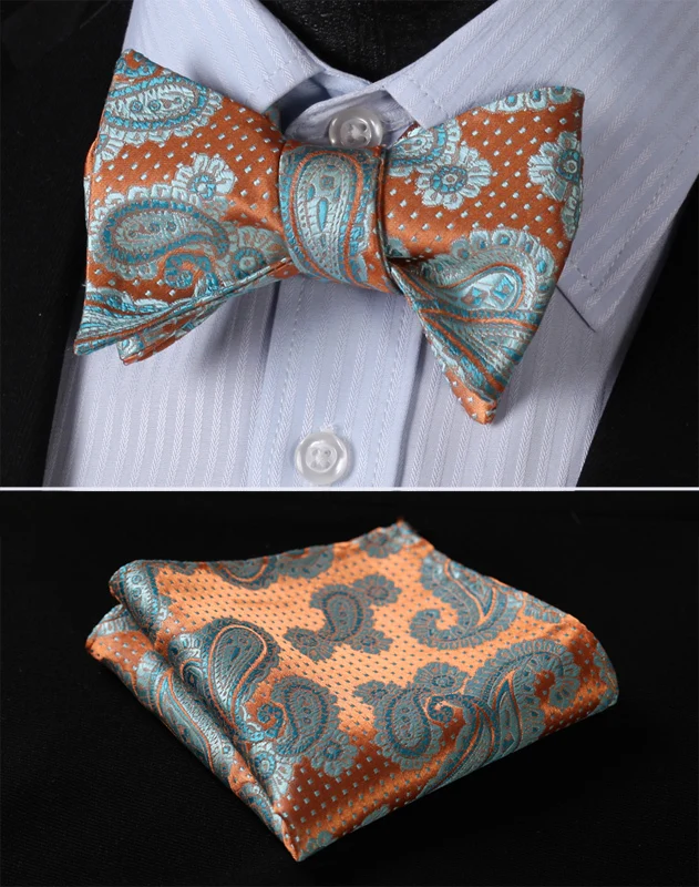 BF4016N Oranbge Aqua Paisley 100% Шелковый жаккардовый тканый мужской галстук-бабочка