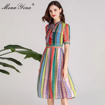 MoaaYina Fashion Designer Runway dress Spring Summer Women Dress Bow collar Short sleeve Colorful Stripe Dresses
MoaaYina Fashion Designer Runway dress Spring Summer Women Dress Bow collar Short sleeve Colorful Stripe Dresses