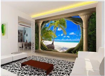 

Custom Any Size Mural Wallpaper Roman column tree hole beach seascape Home Decor Living Room Wall Covering