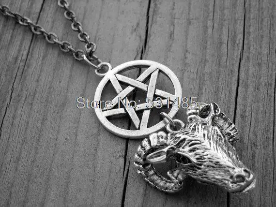 12pcs/lot Silver Ram Head Necklace Pentagram Necklace Gothic Goth Witch Witchcraft Satanic Baphomet Goat's Head necklace
12pcs/lot Silver Ram Head Necklace Pentagram Necklace Gothic Goth Witch Witchcraft Satanic Baphomet Goat's Head necklace