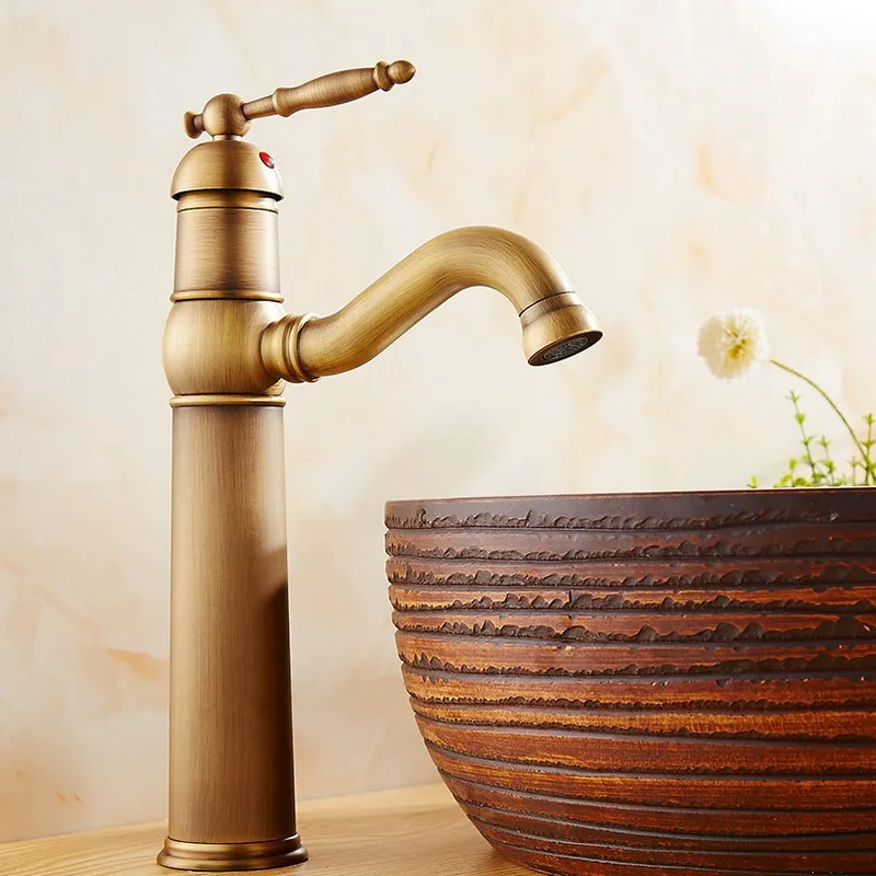 

Antique Brass Swivel Spout Single Hole Basin Faucet Deck Mounted Bathroom Faucet Vanity Sink Mixer Tap KD744