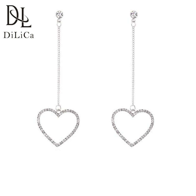 DiLiCa Fashion Long Drop Earrings for Women Rhinestone Heart Statement Dangle Earring Jewelry White Color Kolczyki | Украшения и
