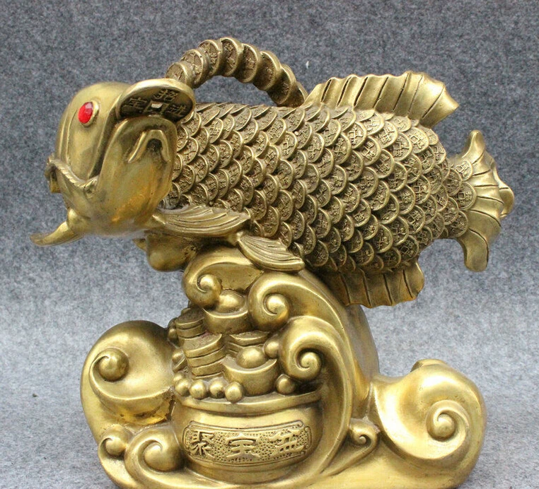 10" Folk Chinese Brass Wealth Rich Auspicious Jump Fish On Treasure Bowl Statue
10" Folk Chinese Brass Wealth Rich Auspicious Jump Fish On Treasure Bowl Statue
