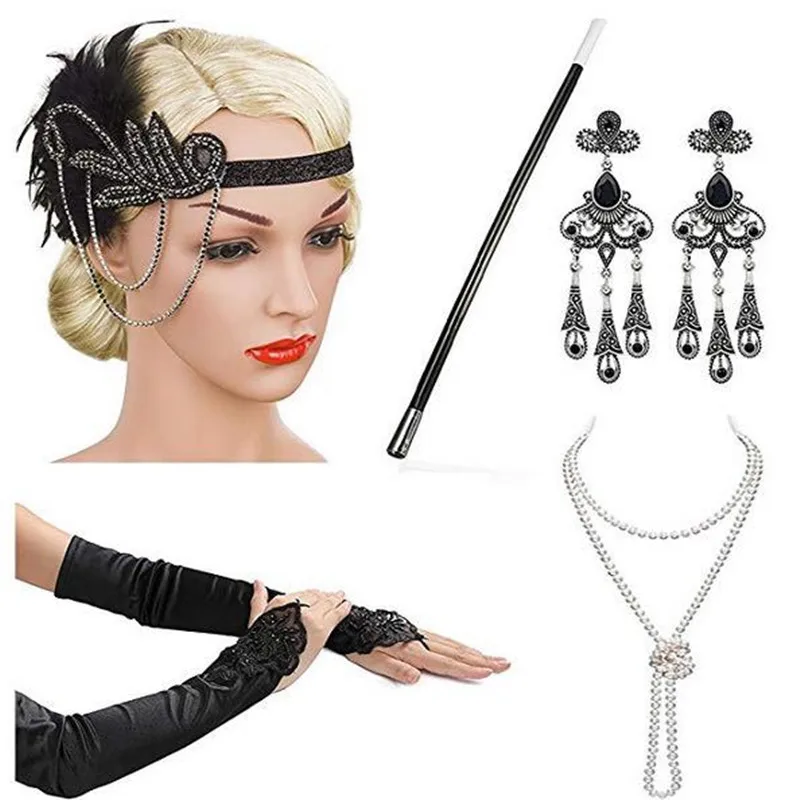 

1920 Women's vintage GATSBY feather headbands Flapper Costume Accessory Cigarette Holder pearl necklace gloves set Hair