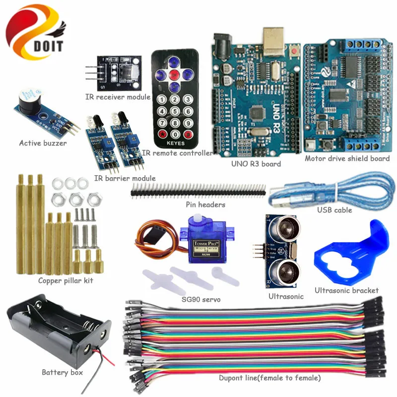 DOIT IR Control Kit with UNO R3 Board+Motor Drive Shield Board+SG90 Servo+Unltasonic Sensor for Obstacle Avoidance Arduino Kit
DOIT IR Control Kit with UNO R3 Board+Motor Drive Shield Board+SG90 Servo+Unltasonic Sensor for Obstacle Avoidance Arduino Kit