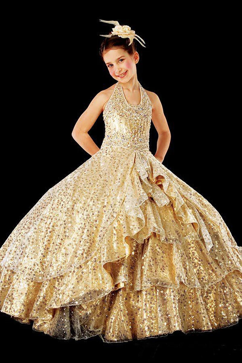 2014 Spring Girl's Pageant Dresses Lovely Cute Halter Gold Sequins Ruffles Ball Gown Princess Party Flower Girl Dresses CH-929
2014 Spring Girl's Pageant Dresses Lovely Cute Halter Gold Sequins Ruffles Ball Gown Princess Party Flower Girl Dresses CH-929