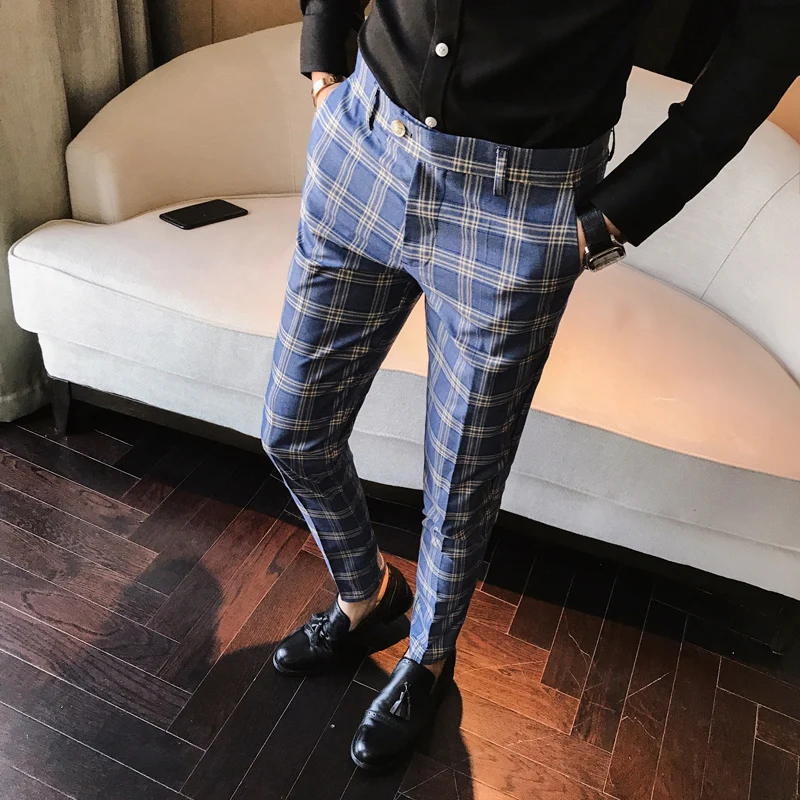 

2019 Fit Pantalon A Carreau Homme Classic Vintage Check Suit Trousers Wedding Pants Men Dress Pant Plaid Business Casual Slim