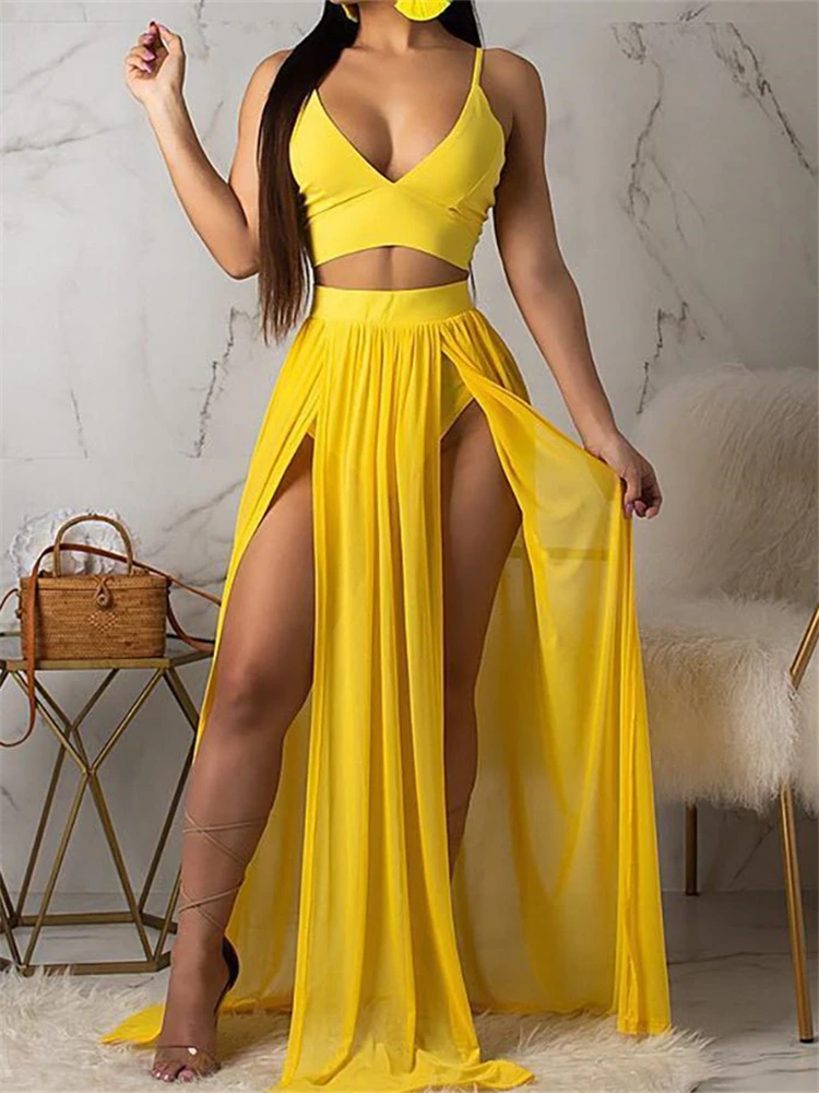 2019 Women Sexy Yellow Solid Sleeveless V-Neck Holiday Two-Piece Suit Set Spaghetti Strap Crop Top & Maxi Slit Skirt Sets
2019 Women Sexy Yellow Solid Sleeveless V-Neck Holiday Two-Piece Suit Set Spaghetti Strap Crop Top & Maxi Slit Skirt Sets