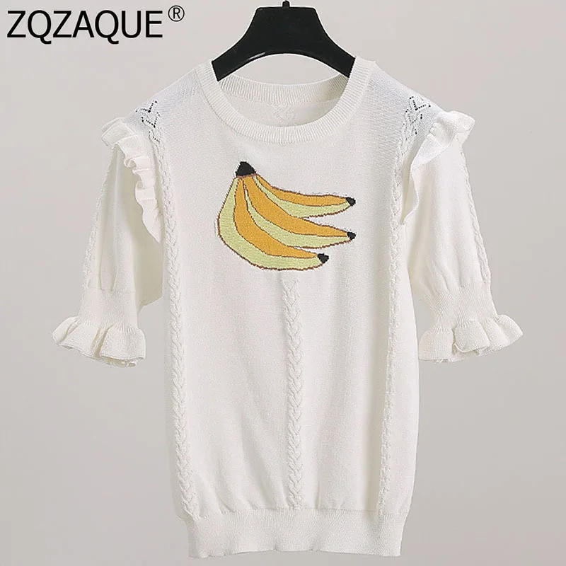 Women's Fashion Sweet Knitted T-shirt Hollow Out Ruffles T Shirts Jacquard Embroidery Banana Half Sleeve Jumpers Tops for Girls
Women's Fashion Sweet Knitted T-shirt Hollow Out Ruffles T Shirts Jacquard Embroidery Banana Half Sleeve Jumpers Tops for Girls