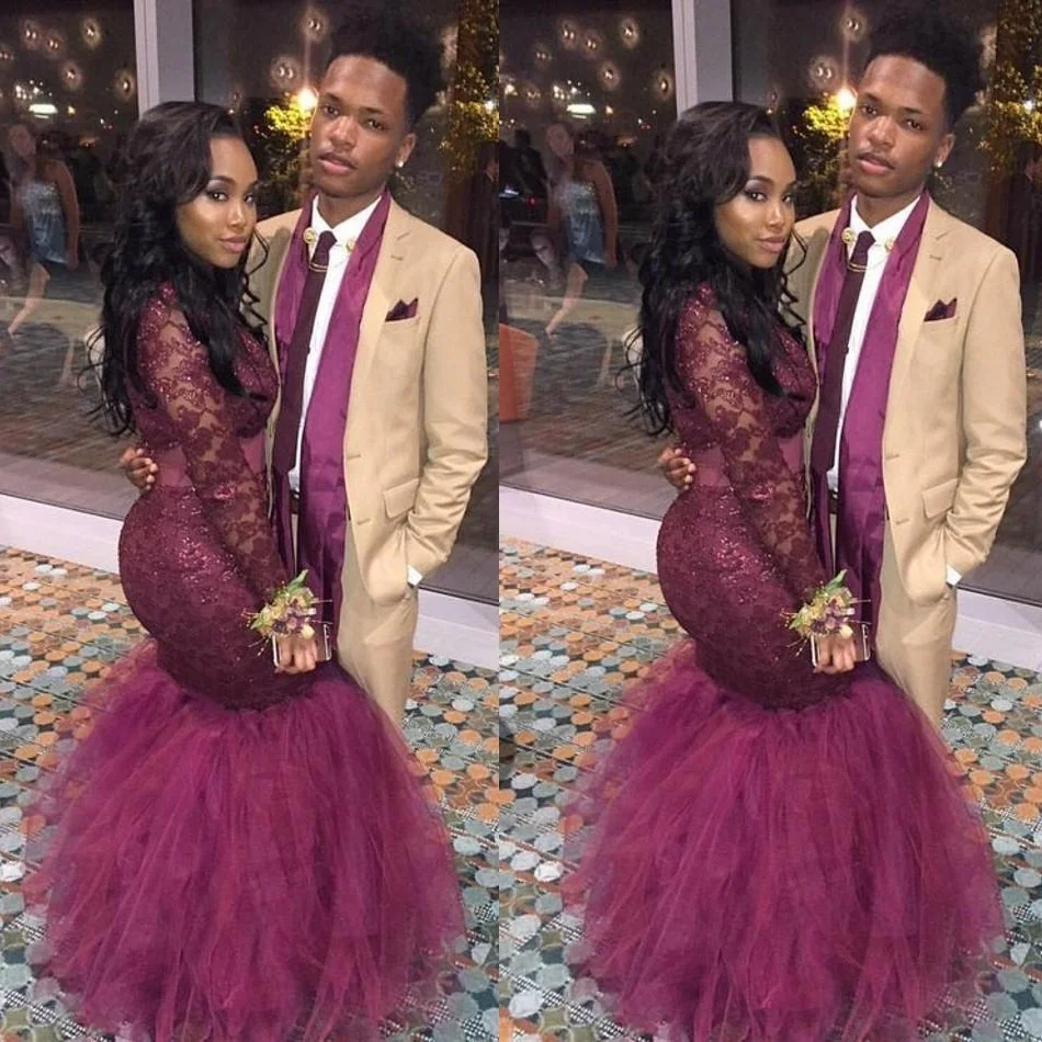 Burgundy Long Mermaid Prom Dresses 2019 New Long Sleeve Tull Lace Applique High Neck Formal Evening Dress Party Gowns
Burgundy Long Mermaid Prom Dresses 2019 New Long Sleeve Tull Lace Applique High Neck Formal Evening Dress Party Gowns