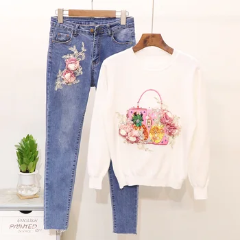 2018 Autumn New Nail Beaded Three-dimensional Flower Fashion Bag Knit Sweater Shirt + Blue Long Slim Jeans Suit Pants Sets
2018 Autumn New Nail Beaded Three-dimensional Flower Fashion Bag Knit Sweater Shirt + Blue Long Slim Jeans Suit Pants Sets