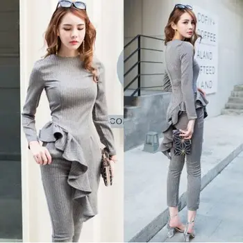 2 Pieces Set 2017 Autumn Casual Office Gray Suits For Women Long Sleeve Ruffles Tops and Nine Pants Suit Vestidos Work Wear Sets
2 Pieces Set 2017 Autumn Casual Office Gray Suits For Women Long Sleeve Ruffles Tops and Nine Pants Suit Vestidos Work Wear Sets