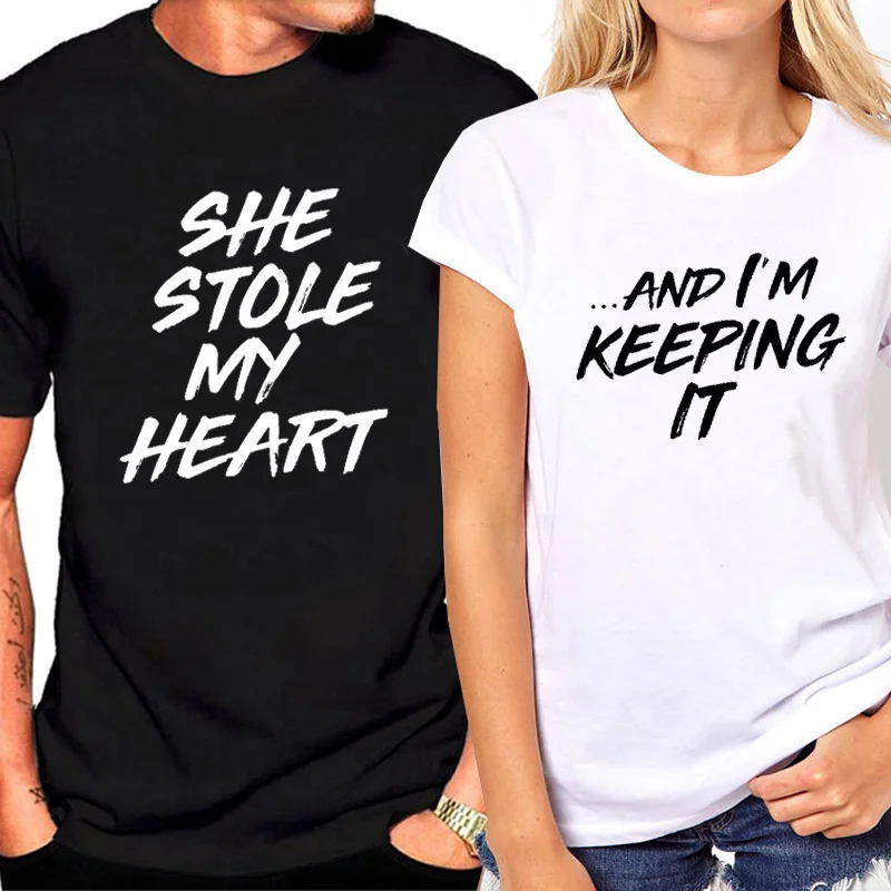 Женская футболка парная одежда для влюбленных принт She Stop My Heart Ang I Keeping It забавная