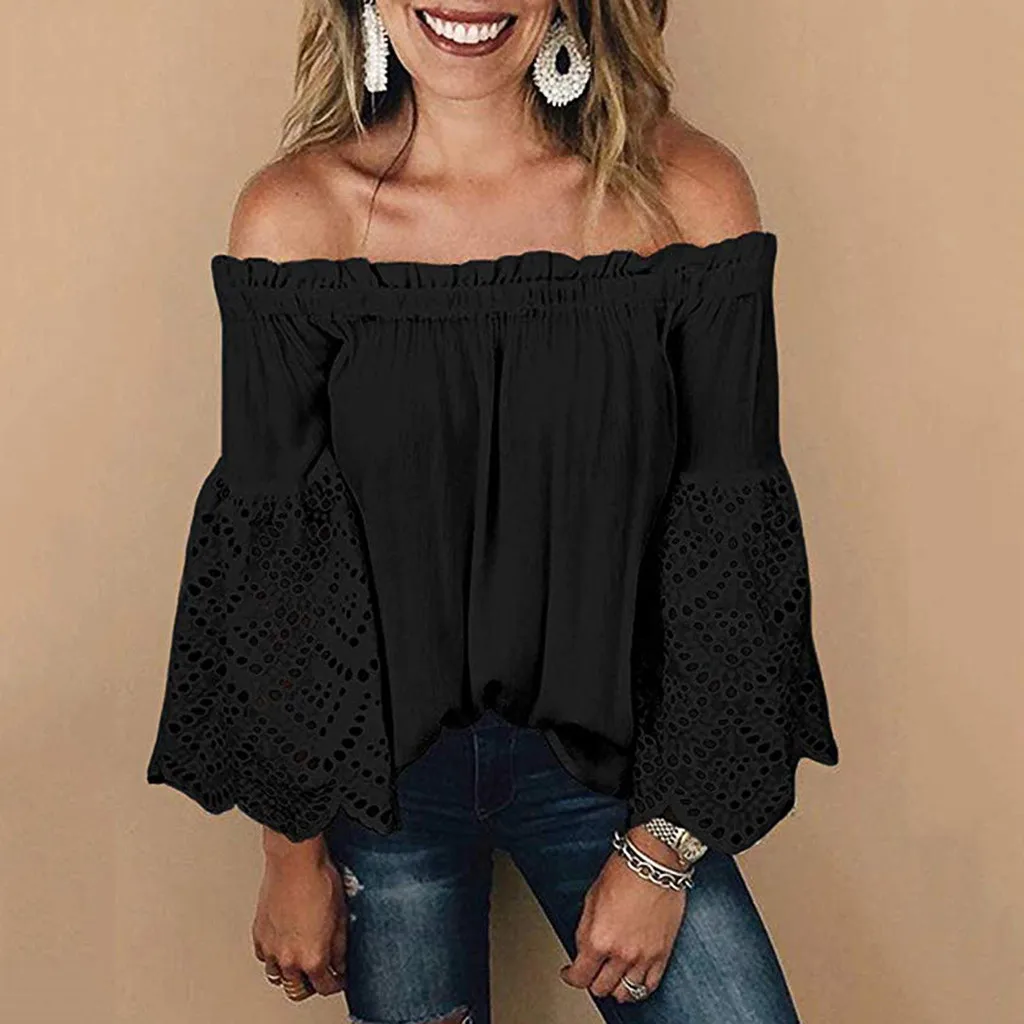 Women Off Shoulder Casual Blouse Shirt Tops Strapless Pure Color Bell Puff Sleeve hollow autumn Tops Chemise Femme#3s
Women Off Shoulder Casual Blouse Shirt Tops Strapless Pure Color Bell Puff Sleeve hollow autumn Tops Chemise Femme#3s