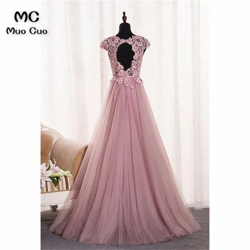 Pink Round Neck Tulle Lace Applique Long Prom Dress, Tulle Evening Dress7