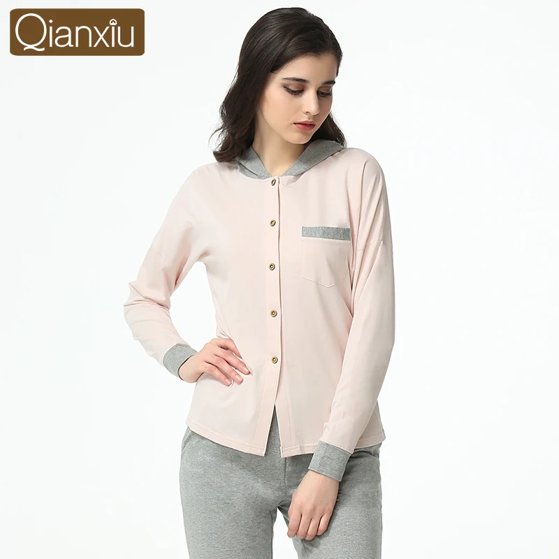 Qianxiu Pyjamas Women Knitted Cotton Modal Sleepwear Suit Spring Casual Hooded Pyjamas Ladies 1608
Qianxiu Pyjamas Women Knitted Cotton Modal Sleepwear Suit Spring Casual Hooded Pyjamas Ladies 1608