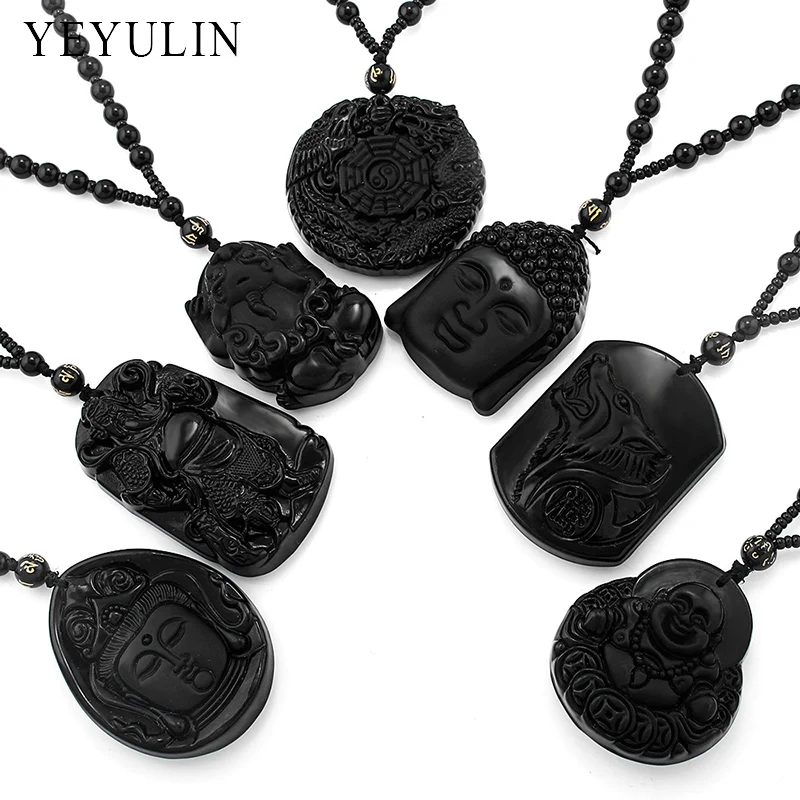 

Wonderful Carved Buddha Guanyin Maitreya Lion Black Obsidian Lucky Blessing Pendant Necklace Jewelry For Woman Men