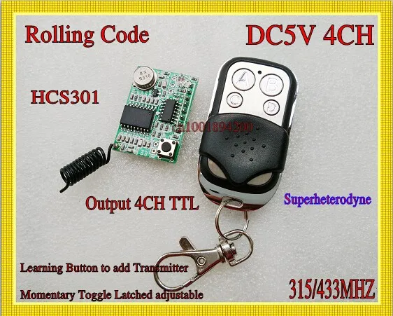 DC3-5V Rolling code RF Wireless Remote Control Receiver Module+Transmitter super-heterodyne Learning code 4Channel Output TTL
DC3-5V Rolling code RF Wireless Remote Control Receiver Module+Transmitter super-heterodyne Learning code 4Channel Output TTL