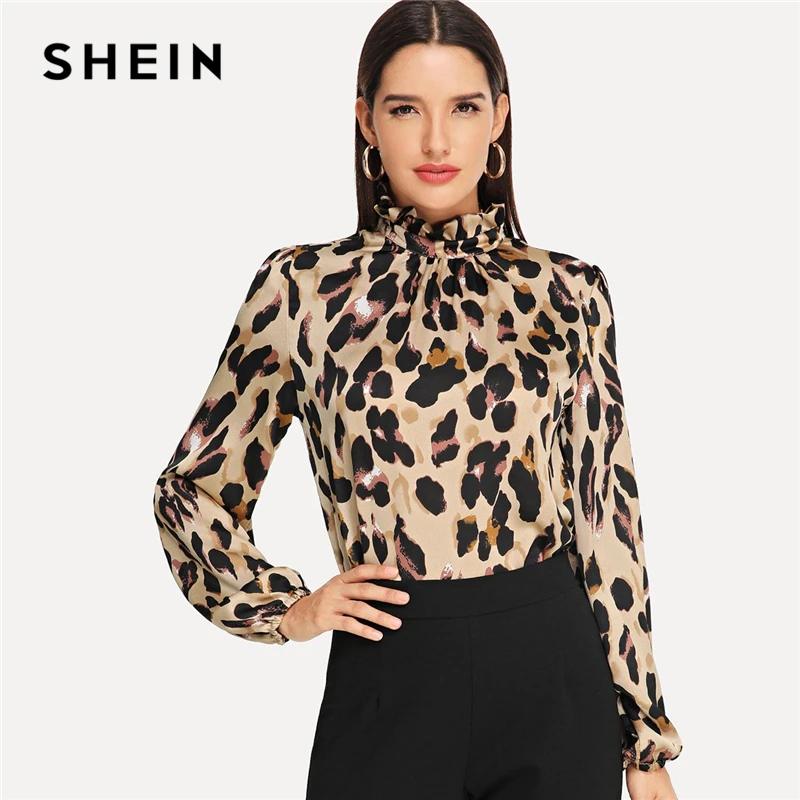 

SHEIN Multicolor Pullovers Weekend Casual Frill Mock Neck Leopard Print Bishop Sleeve Top Women Elegant Autumn Minimalist Blouse