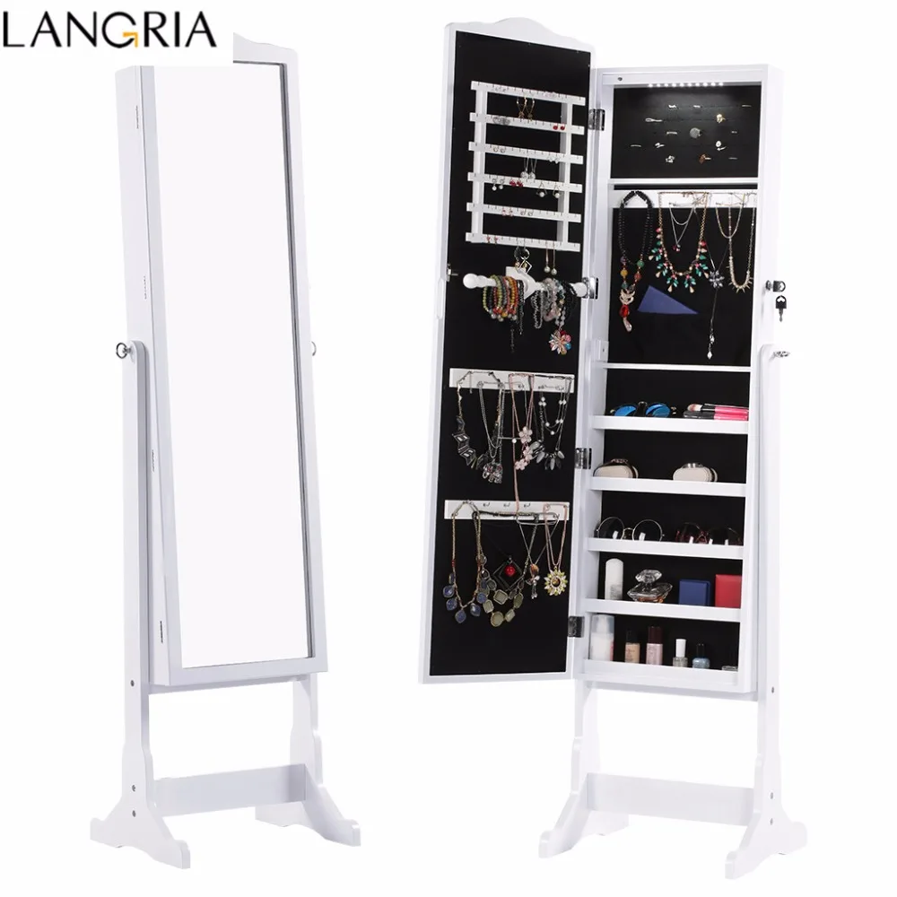 

LANGRIA Free Standing Lockable Jewelry Cabinet Full-Length Mirrored Jewelry Armoire with LED Lights Angle Adjustable Organizer
