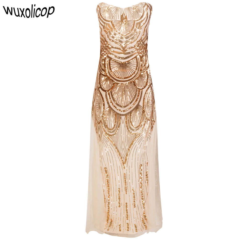 Women Long Maxi Strapless Gold Off Shoulder Art Deco Formal Dress Vestido Lace-Up Mesh Sequin Sexy Party Dress
Women Long Maxi Strapless Gold Off Shoulder Art Deco Formal Dress Vestido Lace-Up Mesh Sequin Sexy Party Dress