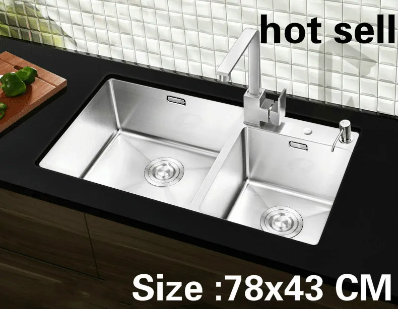 

Free shipping Apartment luxury kitchen manual sink double groove do the dishes 304 stainless steel vogue hot sell 780x430 MM