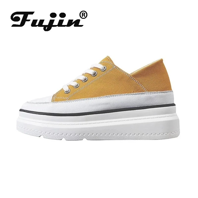 Женские кроссовки на плоской подошве Fujin желтые платформе со шнуровкой