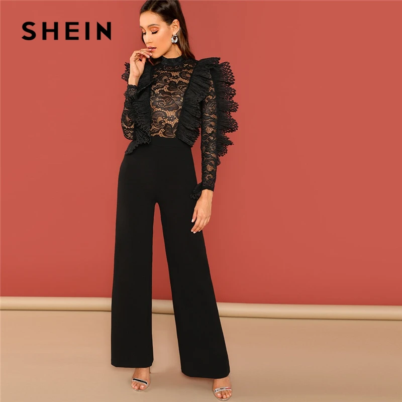 

SHEIN Black Ruffle Trim Sheer Lace Bodice Palazzo Jumpsuit Elegant High Waist Skinny Plain Jumpsuit Autumn Women Party Jumpsuits