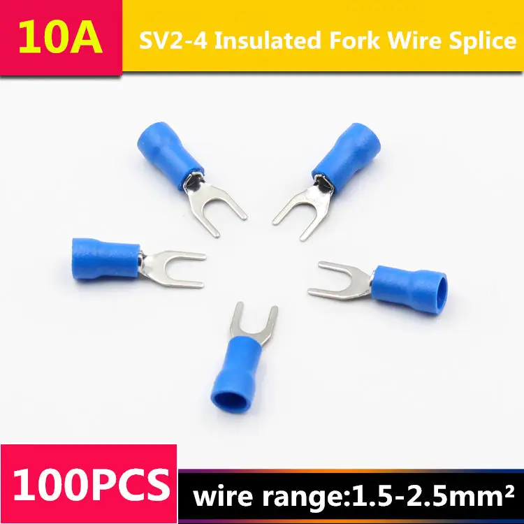 

100PCS/LOT T038 SV2-4 Insulated Fork Wire Splice Connector Copper Electrical Cable Crimp Spade Terminal Cold Pressing 1.5-2.5MM2