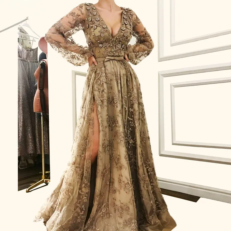 Dubai Long Sleeves Lace Evening Dresses V-Neck Beading Abiye Gece Elbisesi Floor Length Prom Dresses Long 2023 New
Dubai Long Sleeves Lace Evening Dresses V-Neck Beading Abiye Gece Elbisesi Floor Length Prom Dresses Long 2023 New