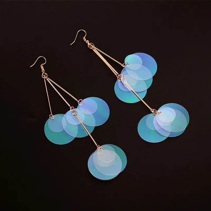 

2019 New Cute Round Circle Sequins Earrings Long Mermaid Wafer Earring Women Gift Fashion Earring Hot Sale Brincos