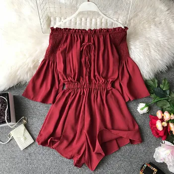 Fashion Lace Up Off Shoulder Jumpsuit Casual Sexy Women Flare Sleeve Short Summer Solid Slash Neck Playsuit Beach Holiday Romper
Fashion Lace Up Off Shoulder Jumpsuit Casual Sexy Women Flare Sleeve Short Summer Solid Slash Neck Playsuit Beach Holiday Romper