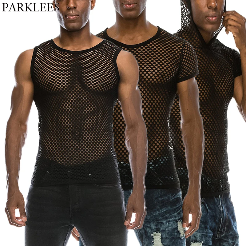 

Mens See Through Black Mesh Fishnet Tanks Top 2018 New Sexy Perspective Sleeveless Fitted Muscle Top Male Bodybuilding Top Tees