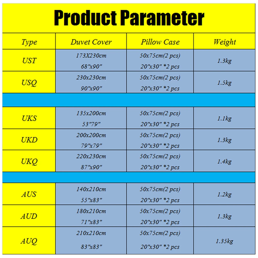 HQZG bedding set size chart - 1000