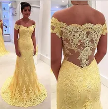 2018 amarillo largo encaje sirena vestidos de noche sin mangas fuera del hombro chicas Prom trajes de fiesta por encargo(China)