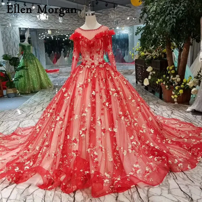 Red Long Sleeves Lace Ball Gowns Wedding Dresses with Beaded Flowers Corset Custom Made Real Photos Colorful Bridal Gowns 2019
Red Long Sleeves Lace Ball Gowns Wedding Dresses with Beaded Flowers Corset Custom Made Real Photos Colorful Bridal Gowns 2019